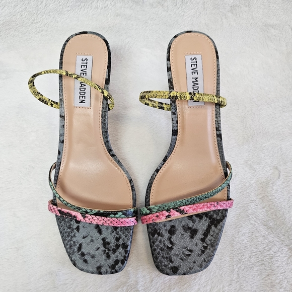 Steve Madden Loft Strappy Open Toe Heels Multi Color Snake Skin Kitten Heel - Picture 2 of 6